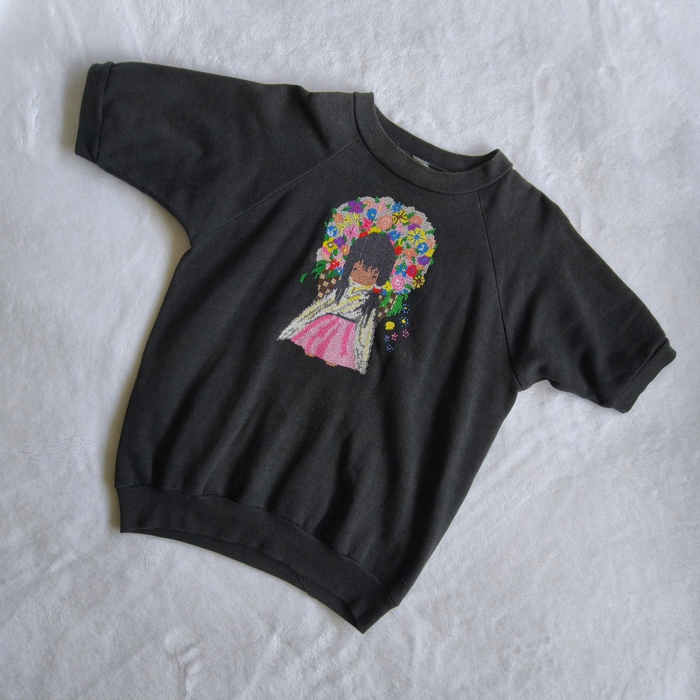 Vintage Healthknit Sweatshirt L Hand Cross Stitch Black Girl Floral Folk Art USA